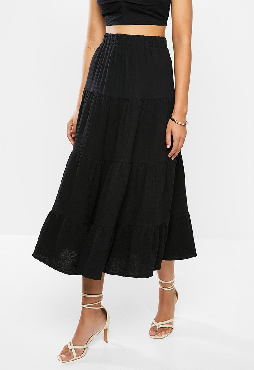 VELVET - Textured tiered midi skirt - black