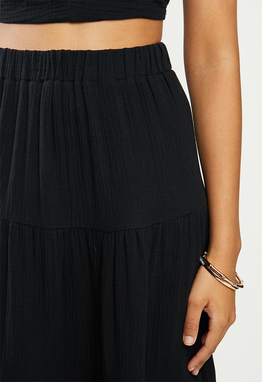 VELVET - Textured tiered midi skirt - black