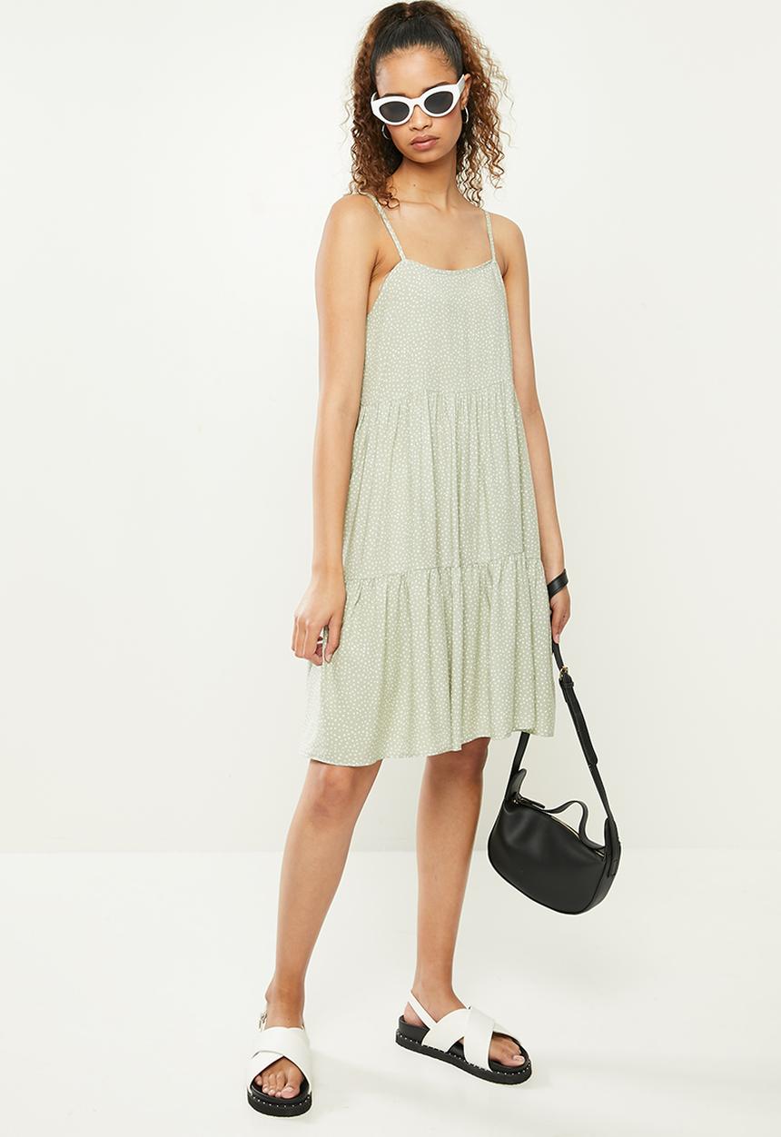 Blake - Printed tiered cami dress - green & white 