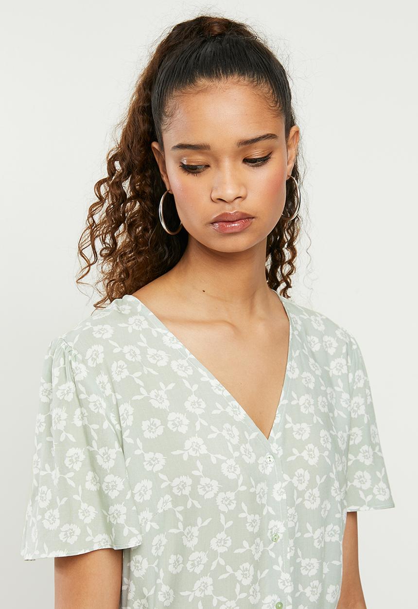 Blake - Button down mini dress - green & white 