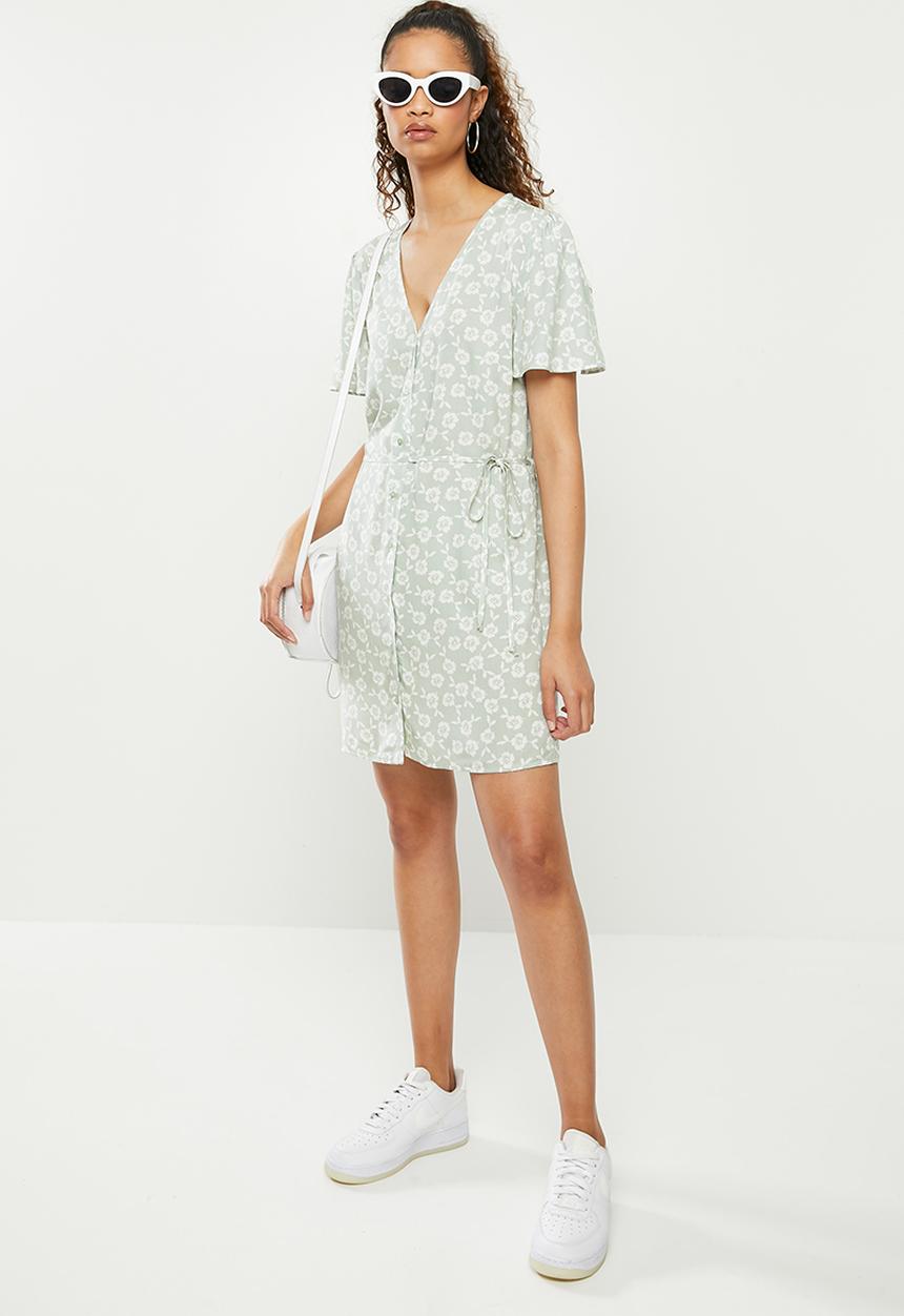 Blake - Button down mini dress - green & white 