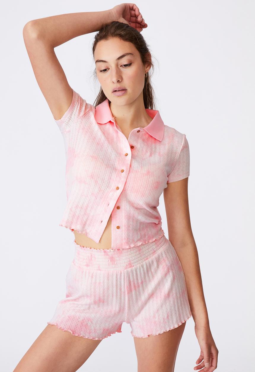 Cotton On - Knit pointelle bed short - pink & white 