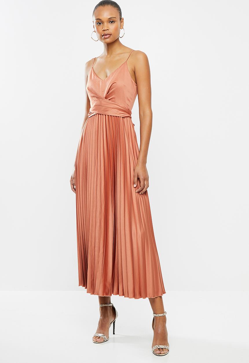 MILLA - Pleated satin cami maxi wrap dress - hazel brown