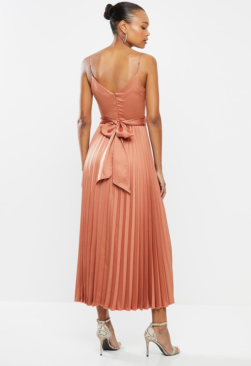MILLA - Pleated satin cami maxi wrap dress - hazel brown