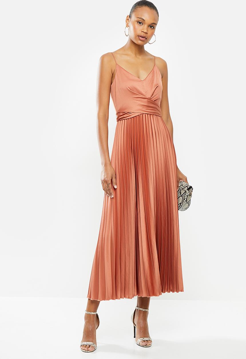 MILLA - Pleated satin cami maxi wrap dress - hazel brown