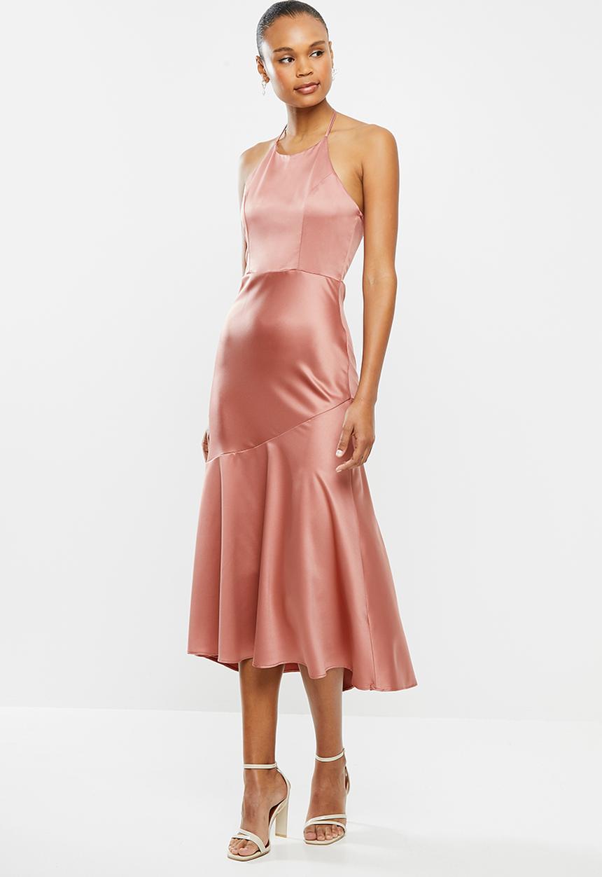 MILLA - Satin Halter dipped hem midi dress- rose