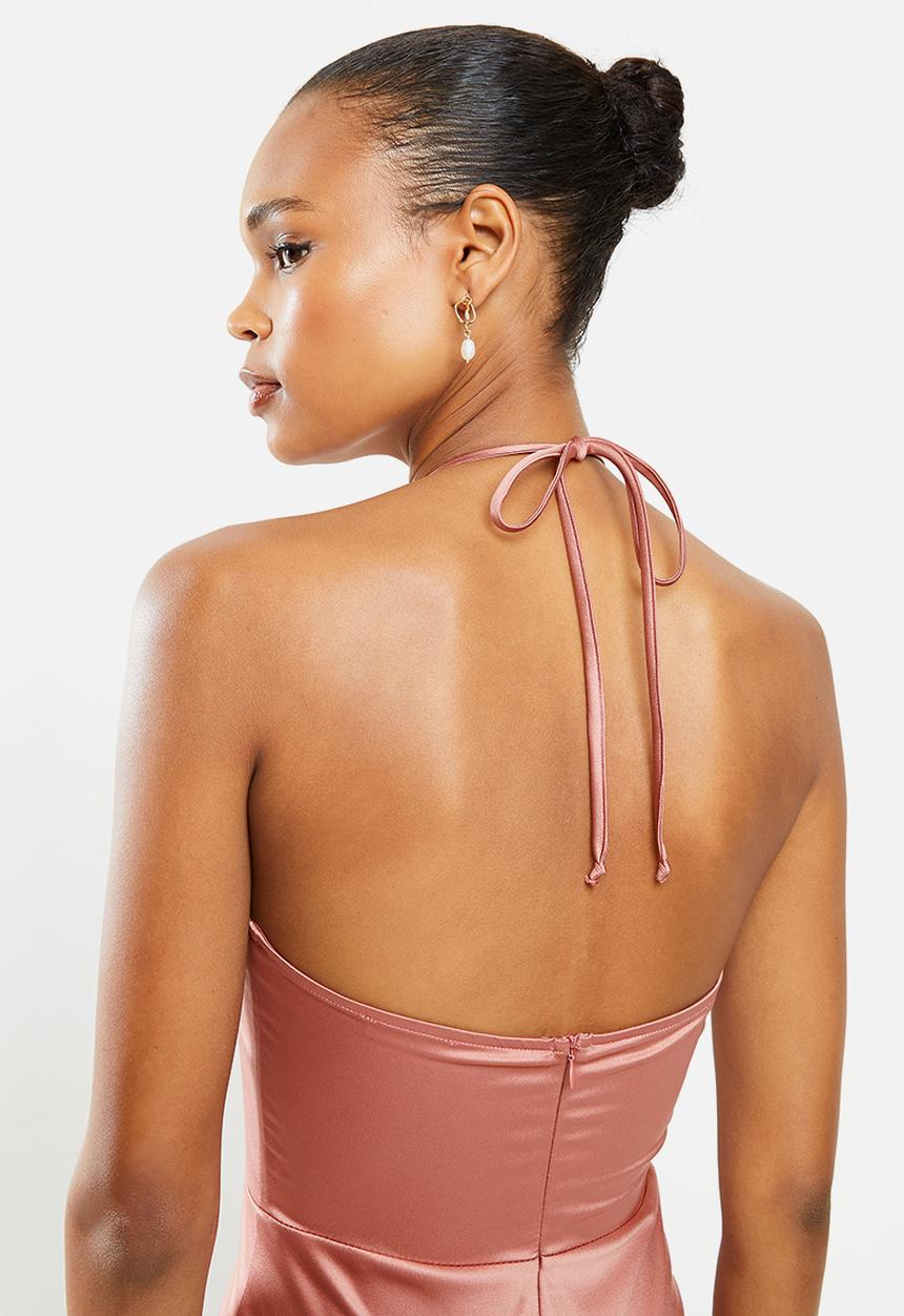 MILLA - Satin Halter dipped hem midi dress- rose