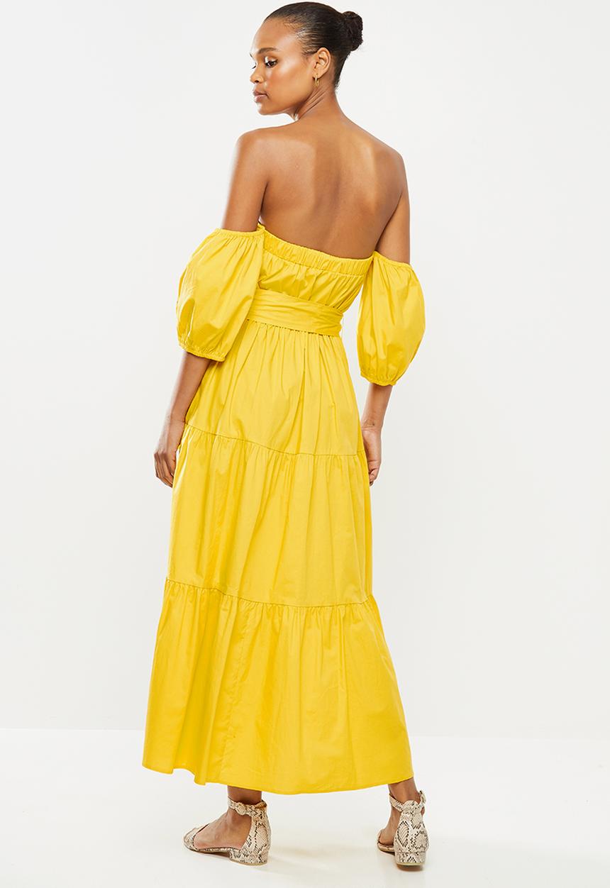 MILLA - Bardot tiered dress with balloon sleeve - yellow