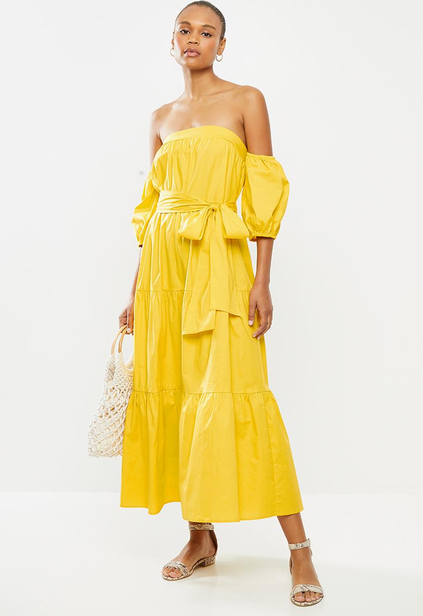 MILLA - Bardot tiered dress with balloon sleeve - yellow