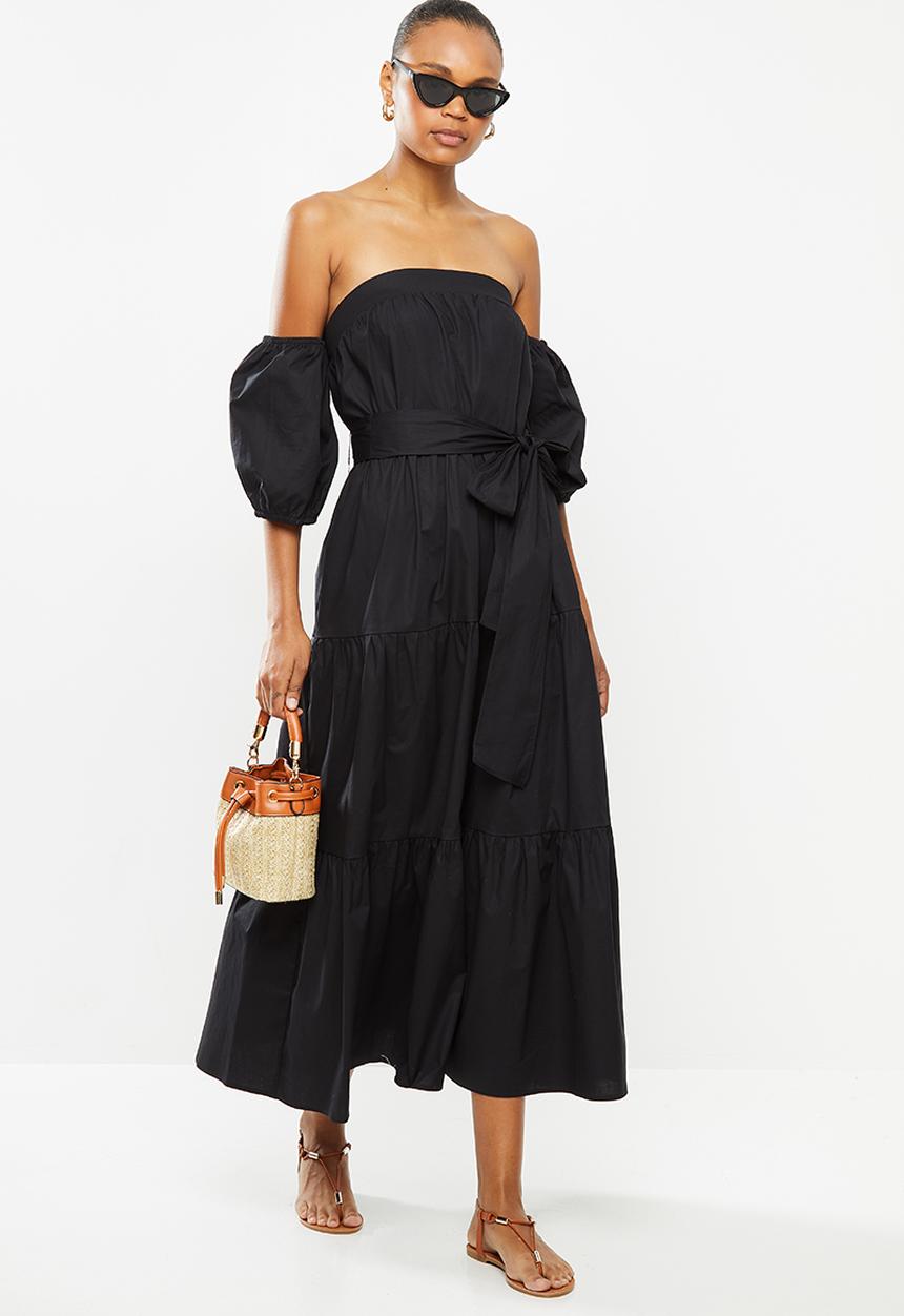 MILLA - Bardot tiered dress with balloon sleeve - black