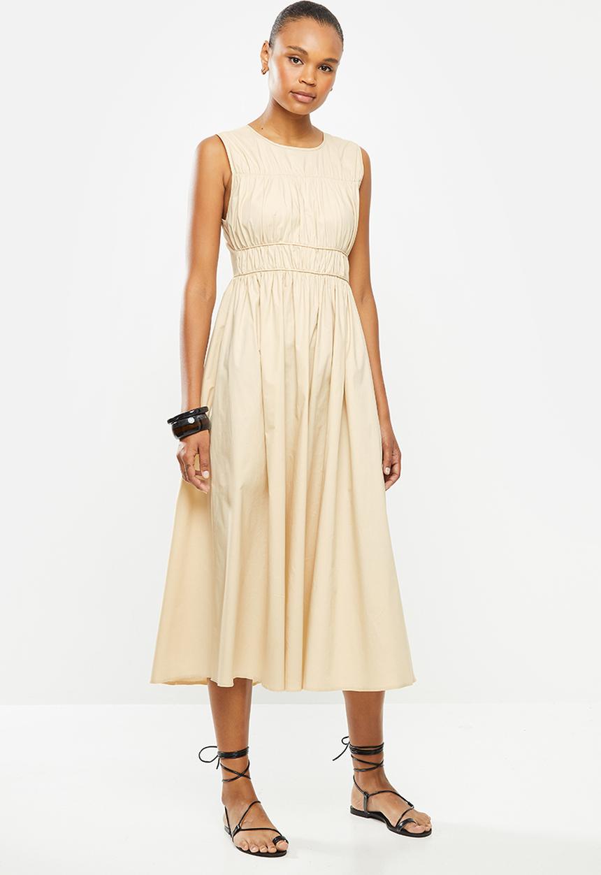 MILLA - Poplin tiered dress with gauged detail-cream