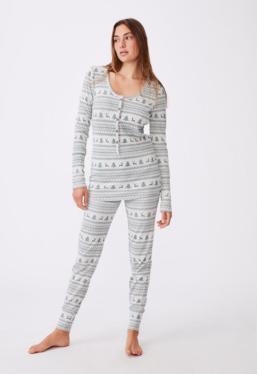Cotton On - Waffle long john - christmas fair isle basil green