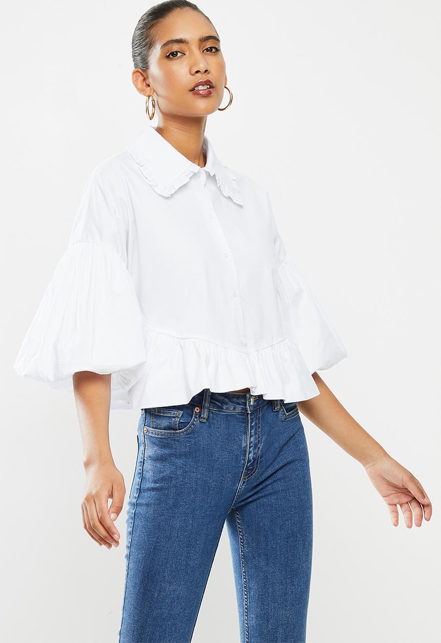 VELVET - Cropped peter pan collar shirt with bubble sleeve - white