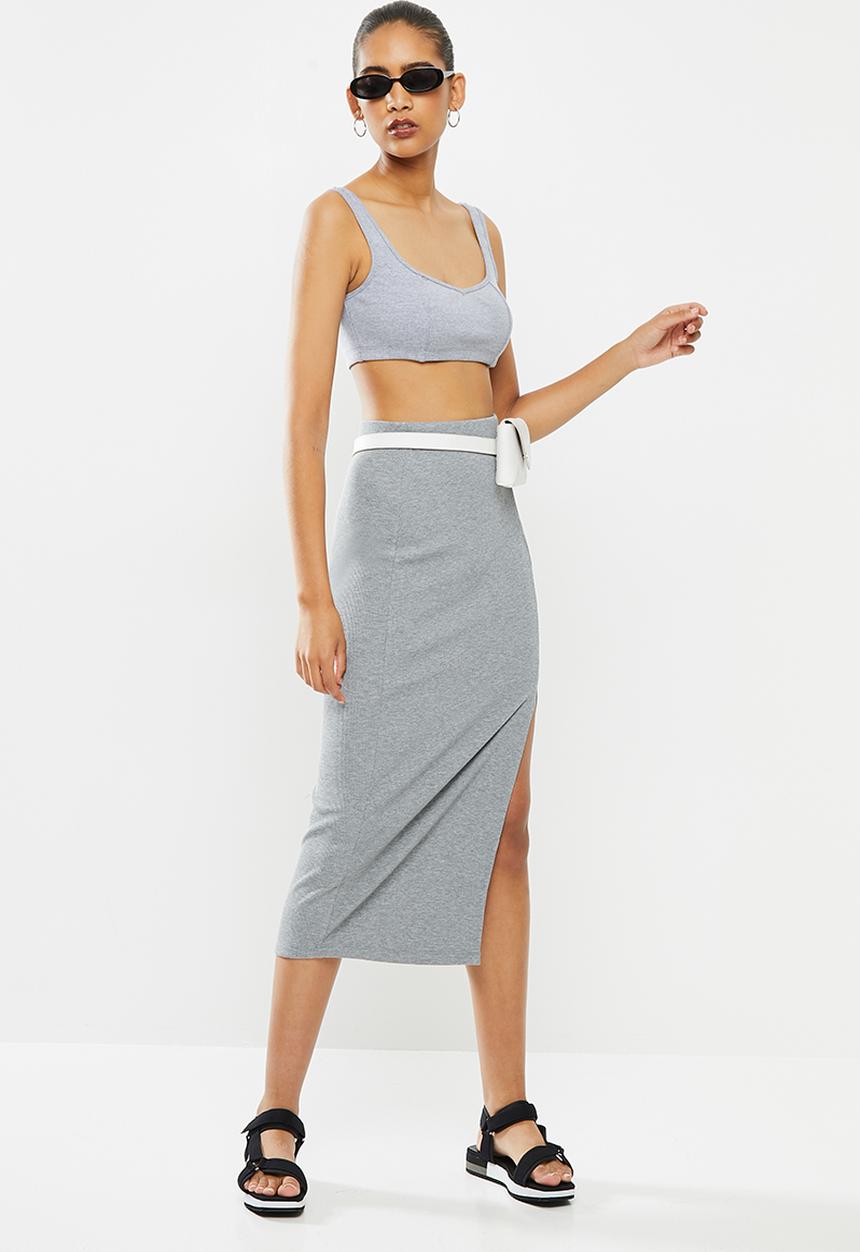 Blake - Ribbed midi slit skirt - grey
