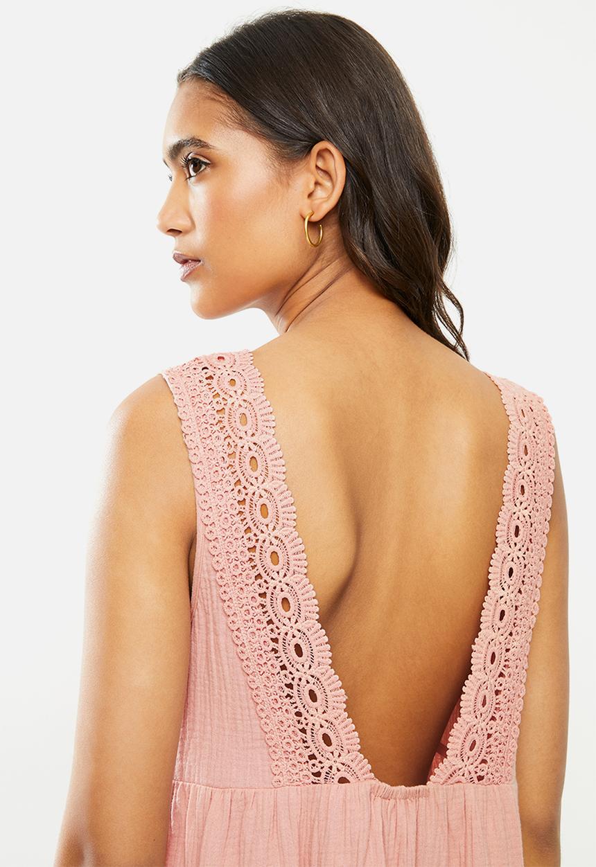 VELVET - Textured cotton blend lace back tiered dress - rose