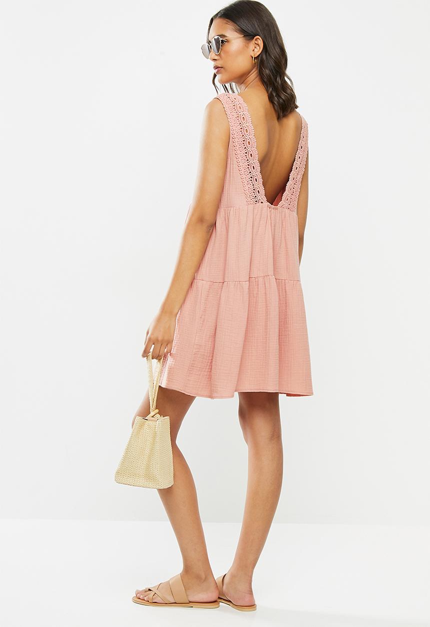 VELVET - Textured cotton blend lace back tiered dress - rose