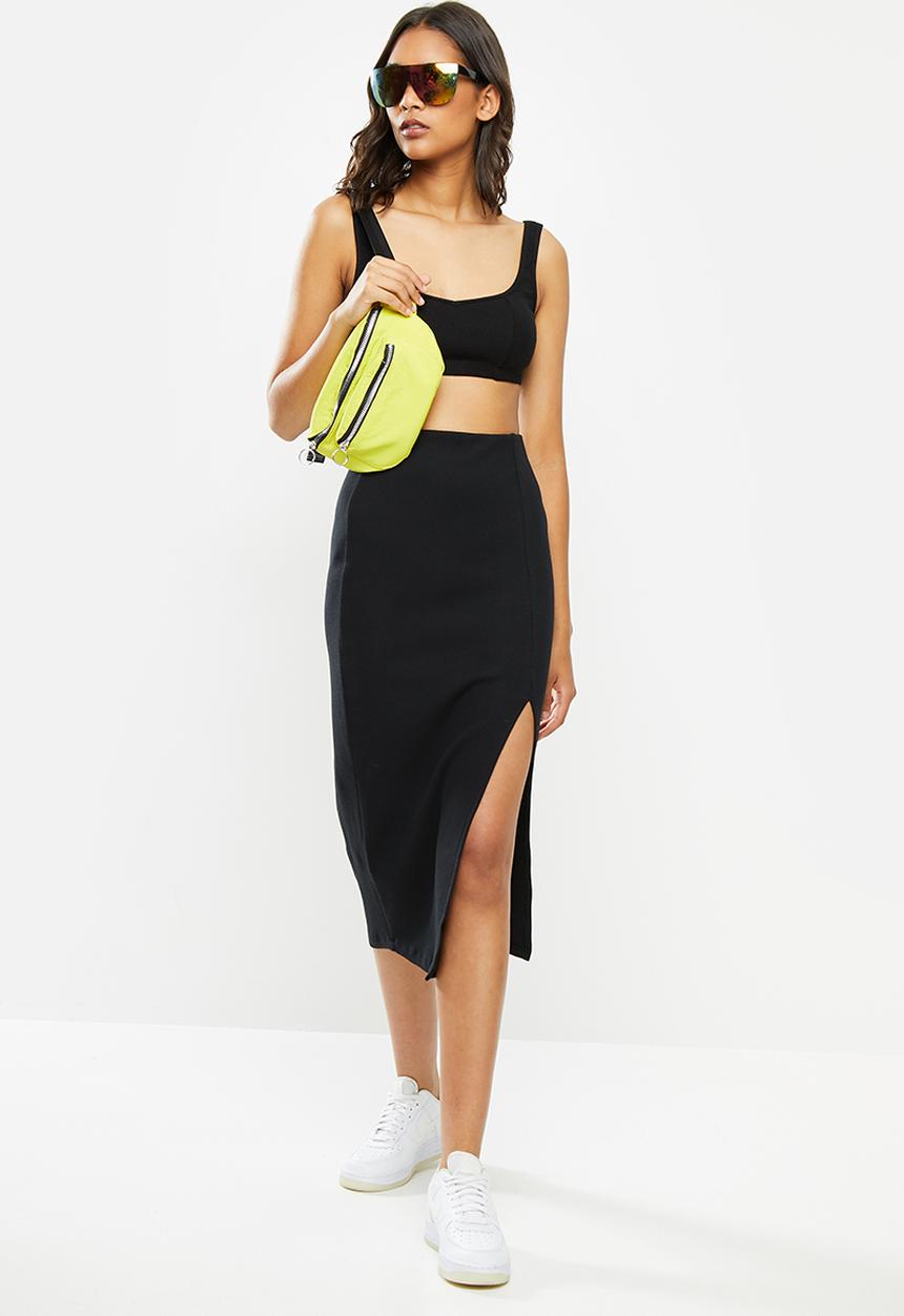 Blake - Ribbed midi slit skirt - black