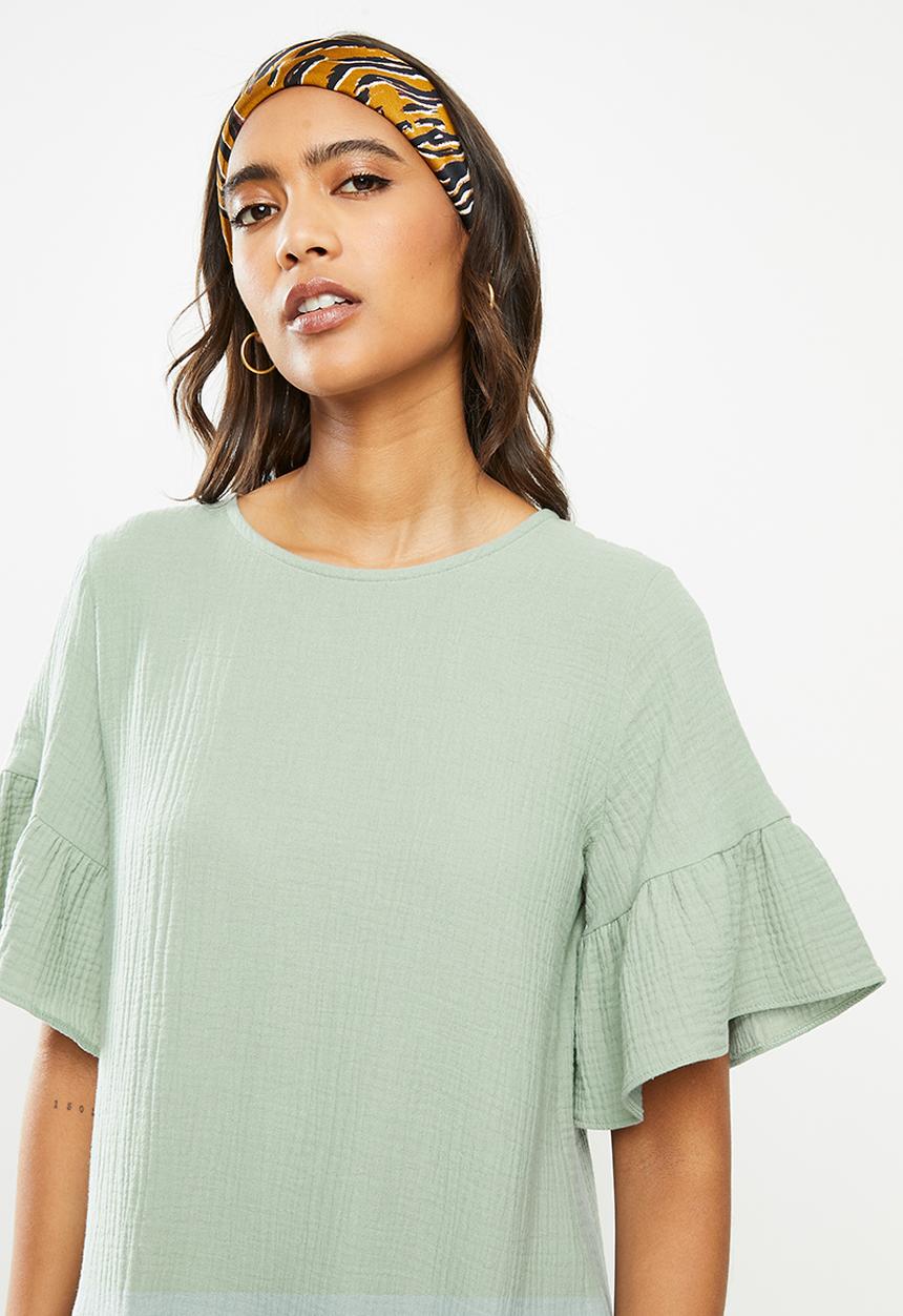 Blake - Dropped waist mini dress with ruffle sleeve - antique sage