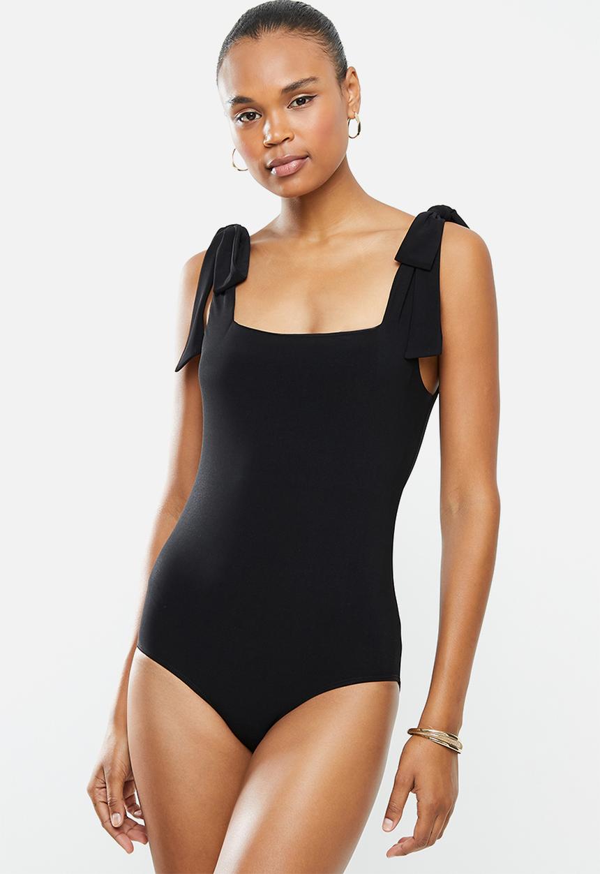 MILLA - Squareneck bodysuit with ties - black