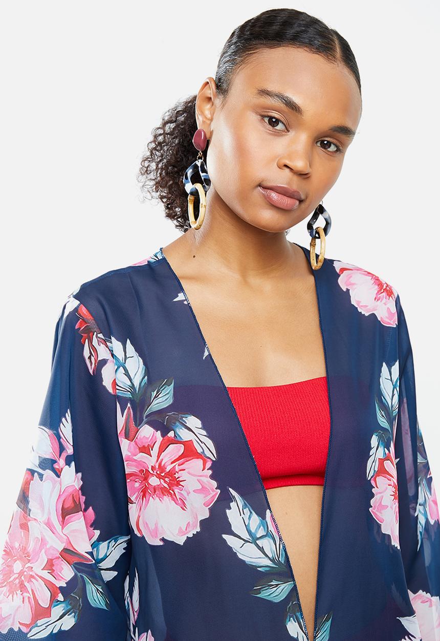 STYLE REPUBLIC - Floral short cover up - navy