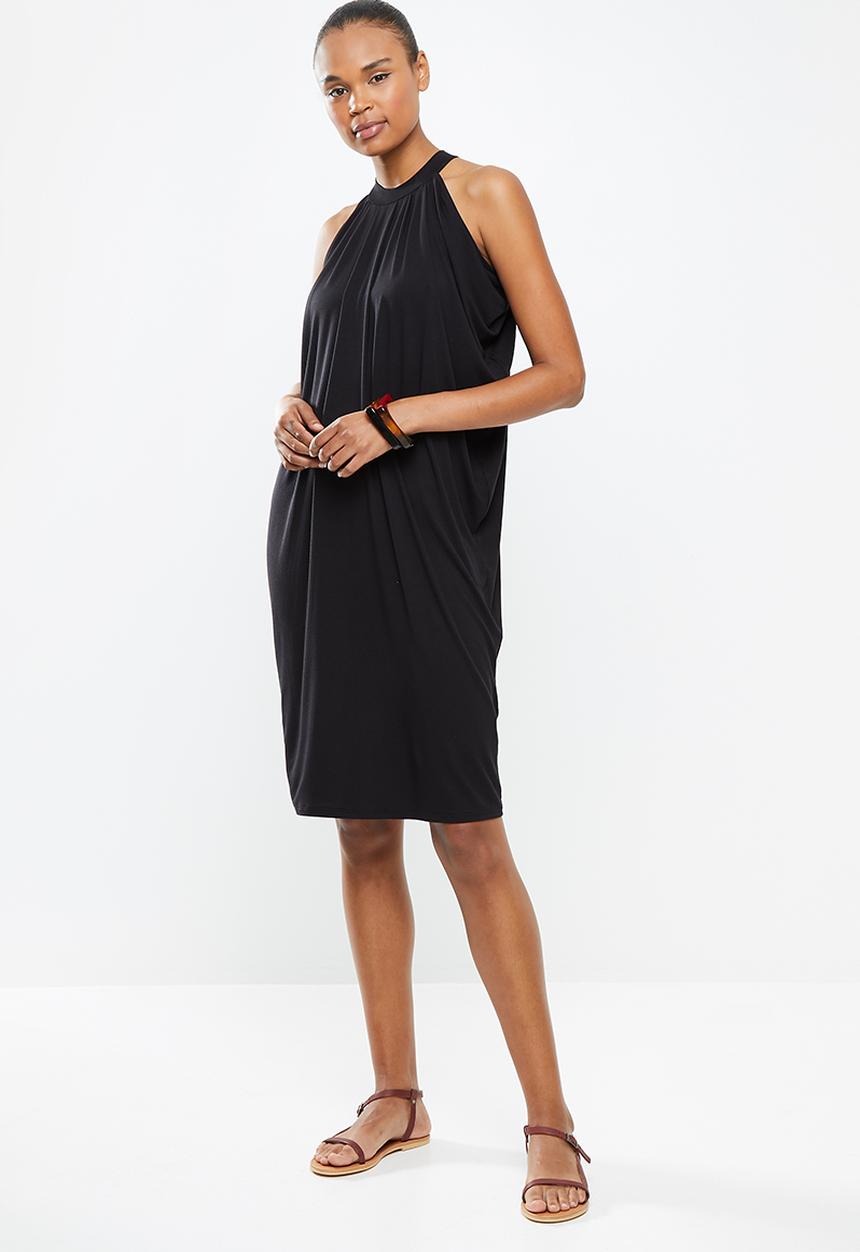 edit - High neck drapy knit dress - black