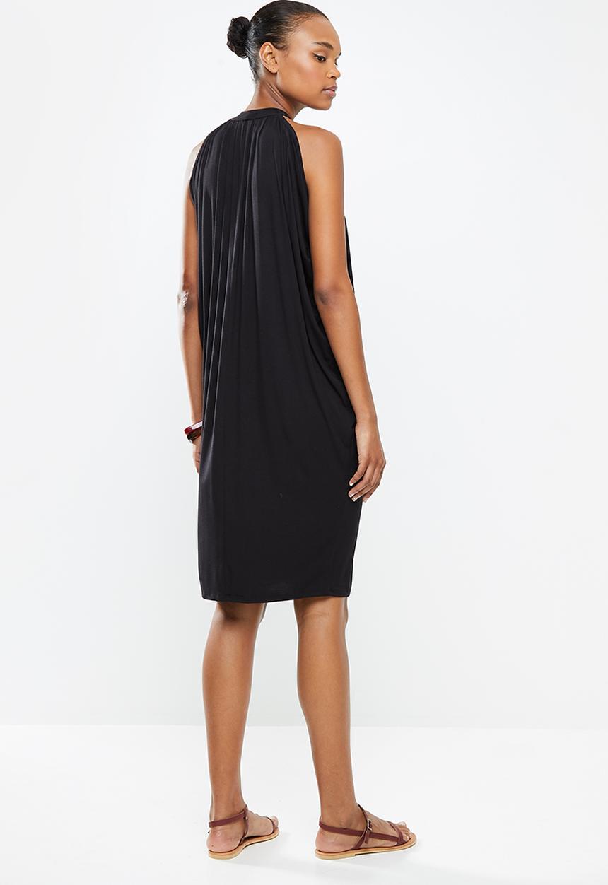 edit - High neck drapy knit dress - black
