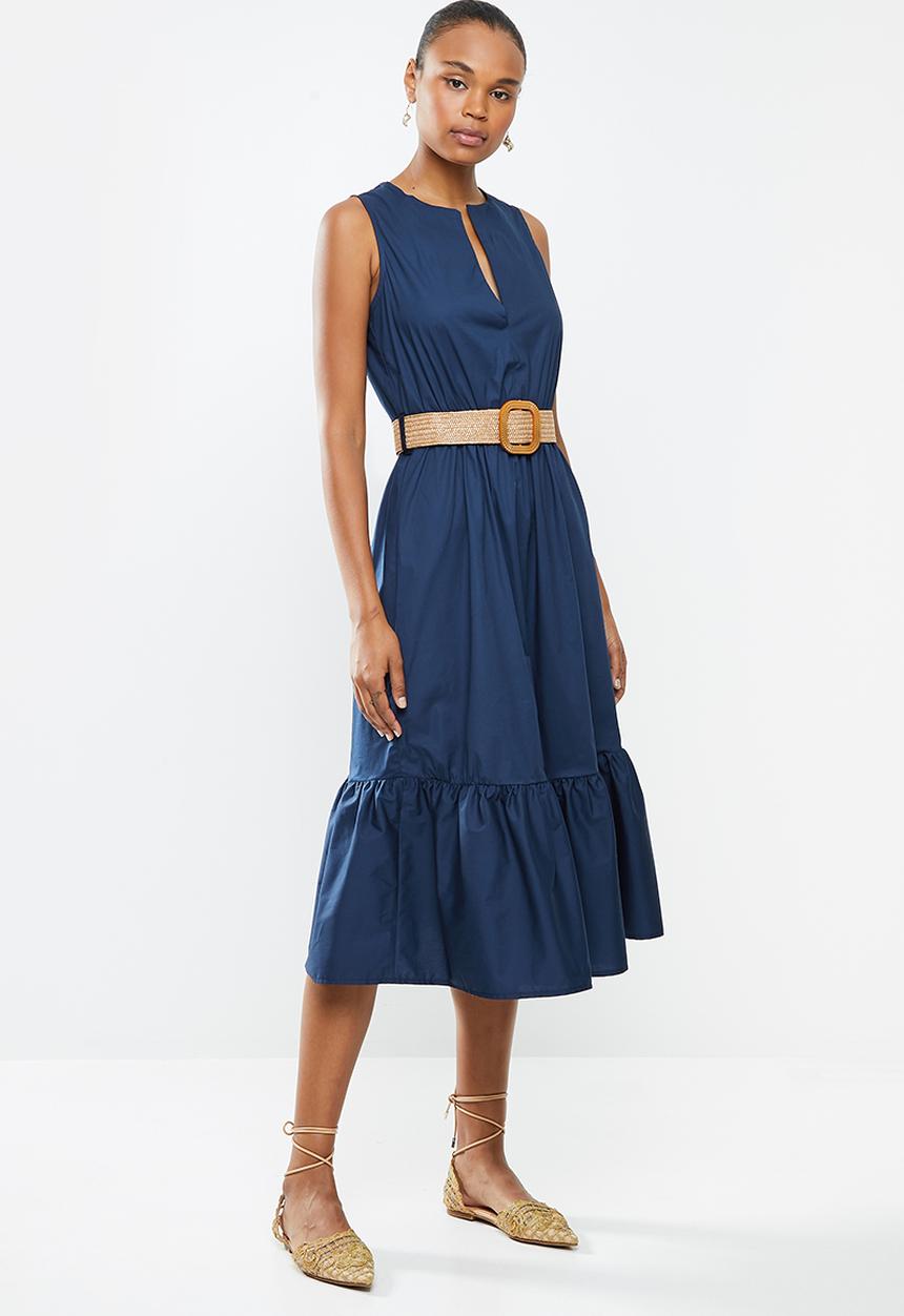 edit - Poplin belted midi dress - navy