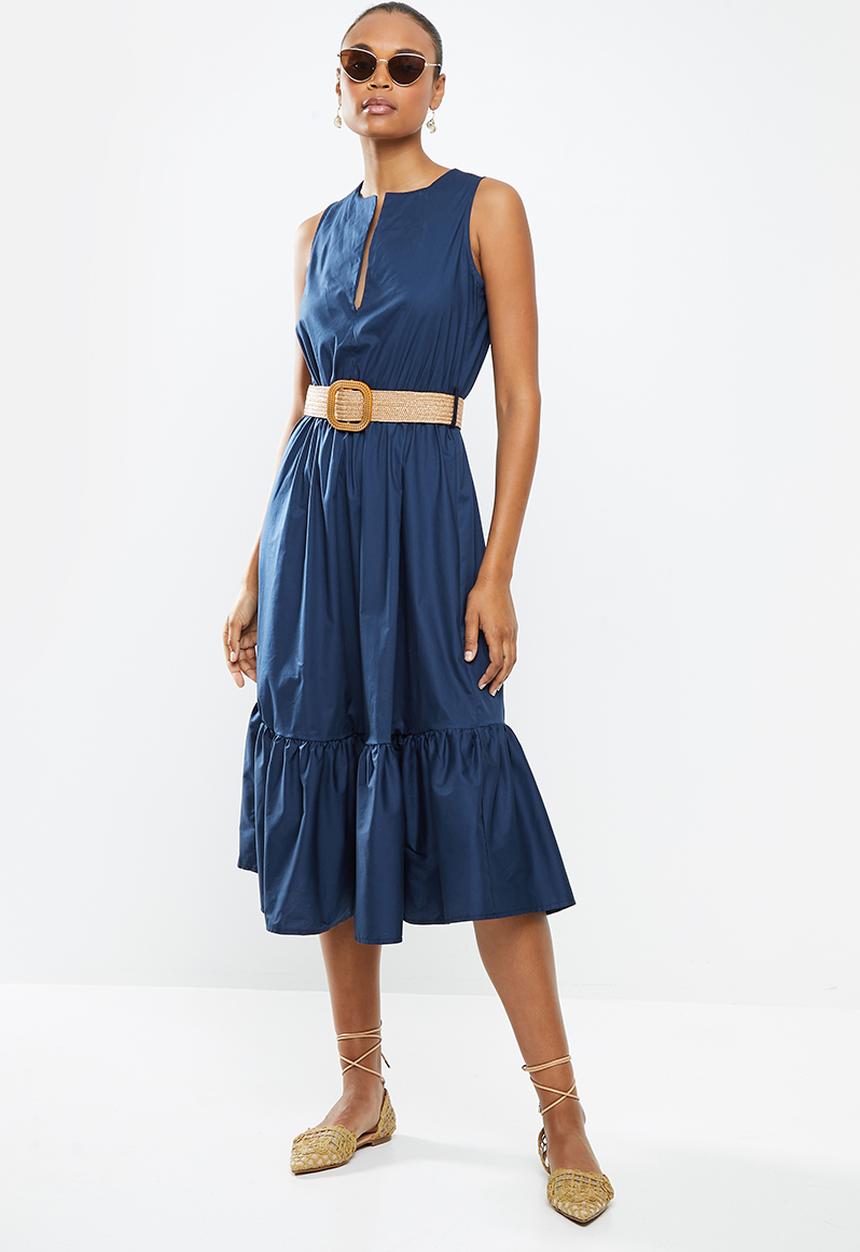 edit - Poplin belted midi dress - navy