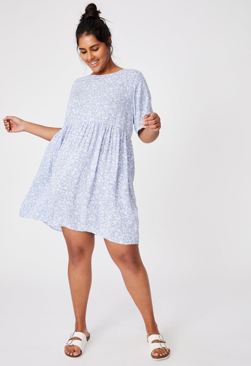 Cotton On - Curve good times babydoll mini dress - nicole disty vintage blue