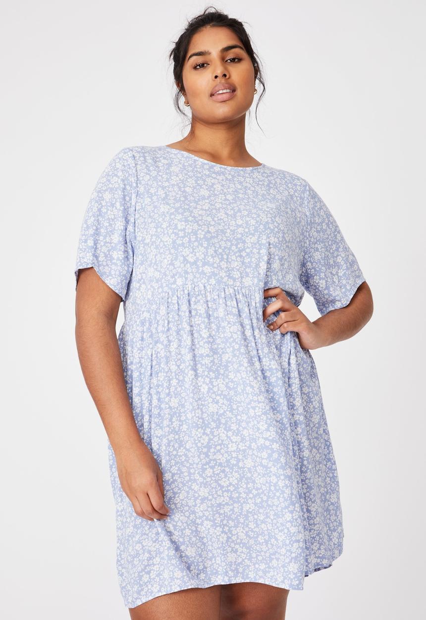 Cotton On - Curve good times babydoll mini dress - nicole disty vintage blue