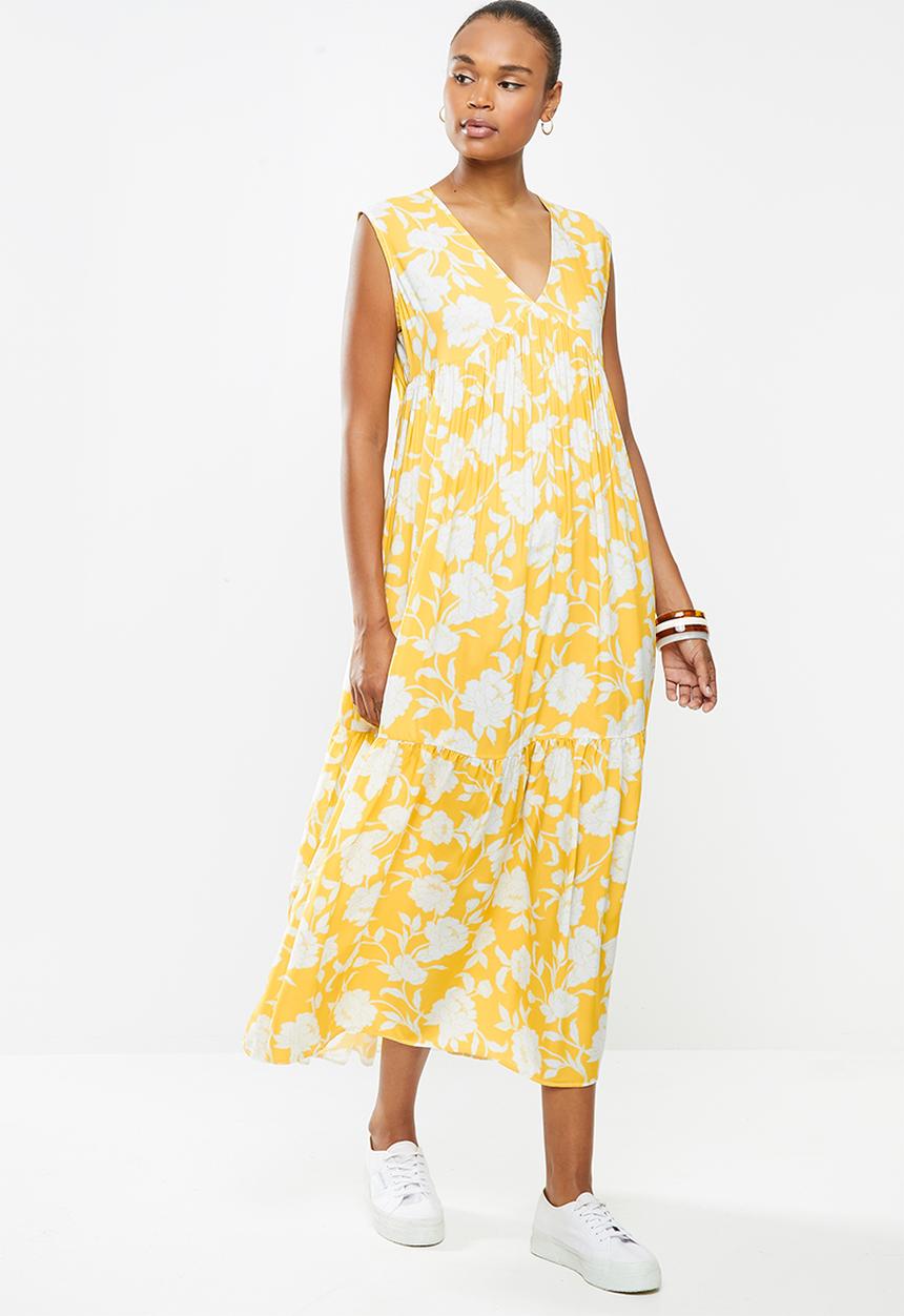 edit - Sleevless v-neck tiered midi dress - ochre floral