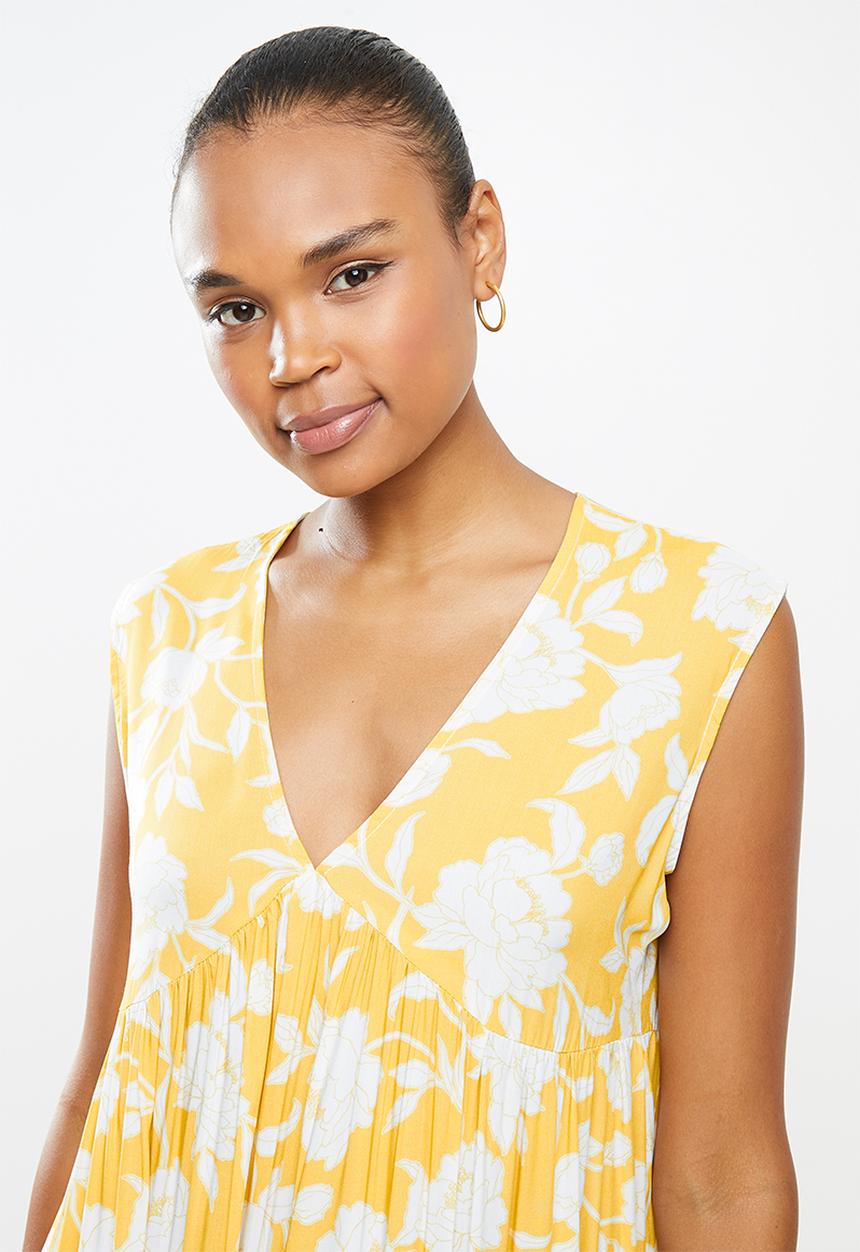edit - Sleevless v-neck tiered midi dress - ochre floral