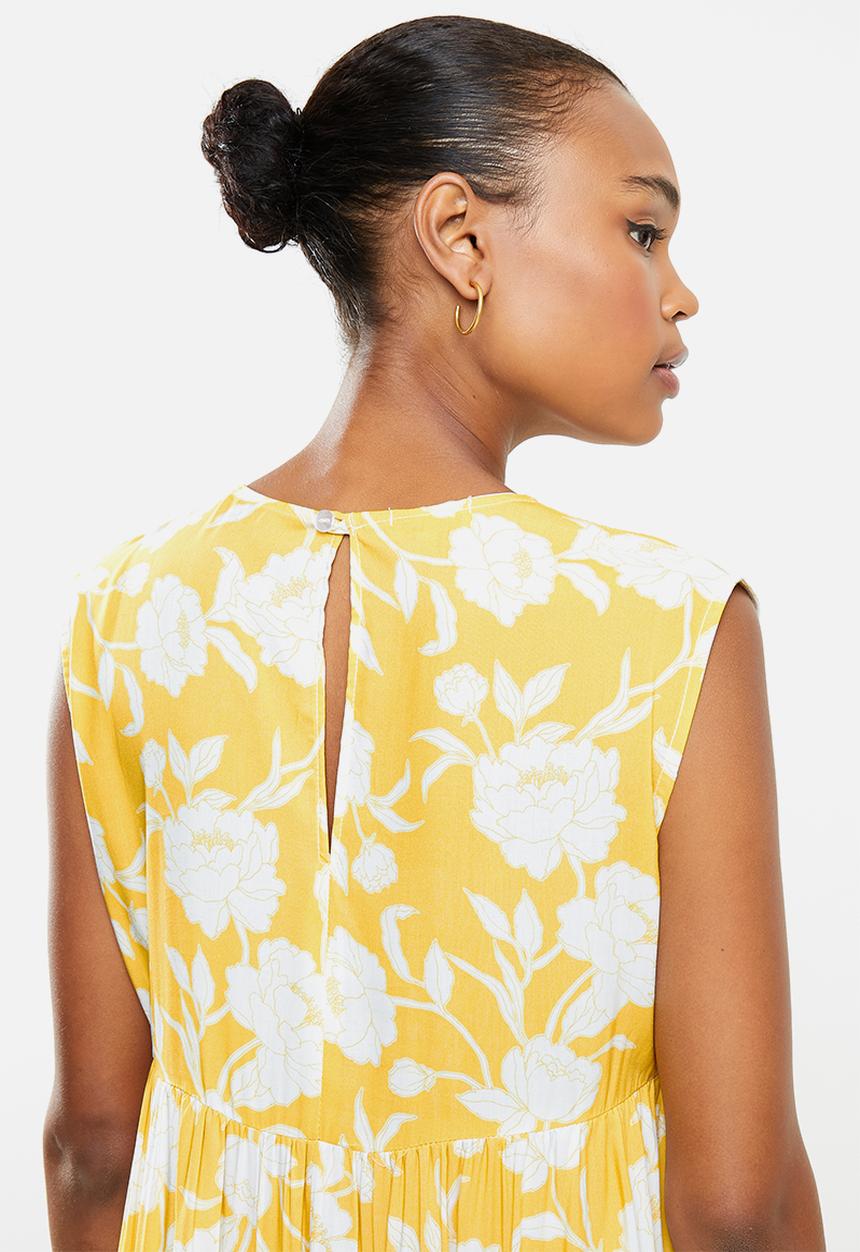edit - Sleevless v-neck tiered midi dress - ochre floral
