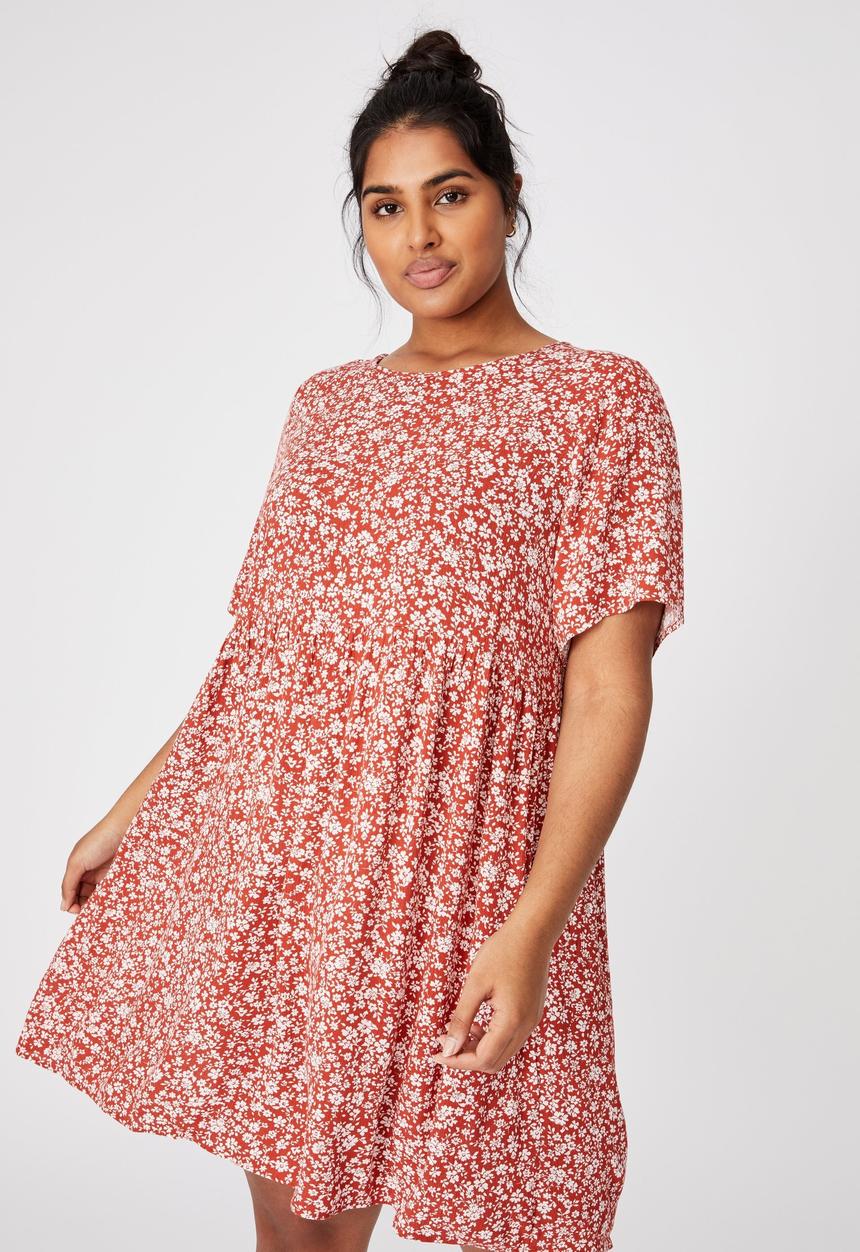 Cotton On - Curve good times babydoll mini dress - nicole ditsy red clay