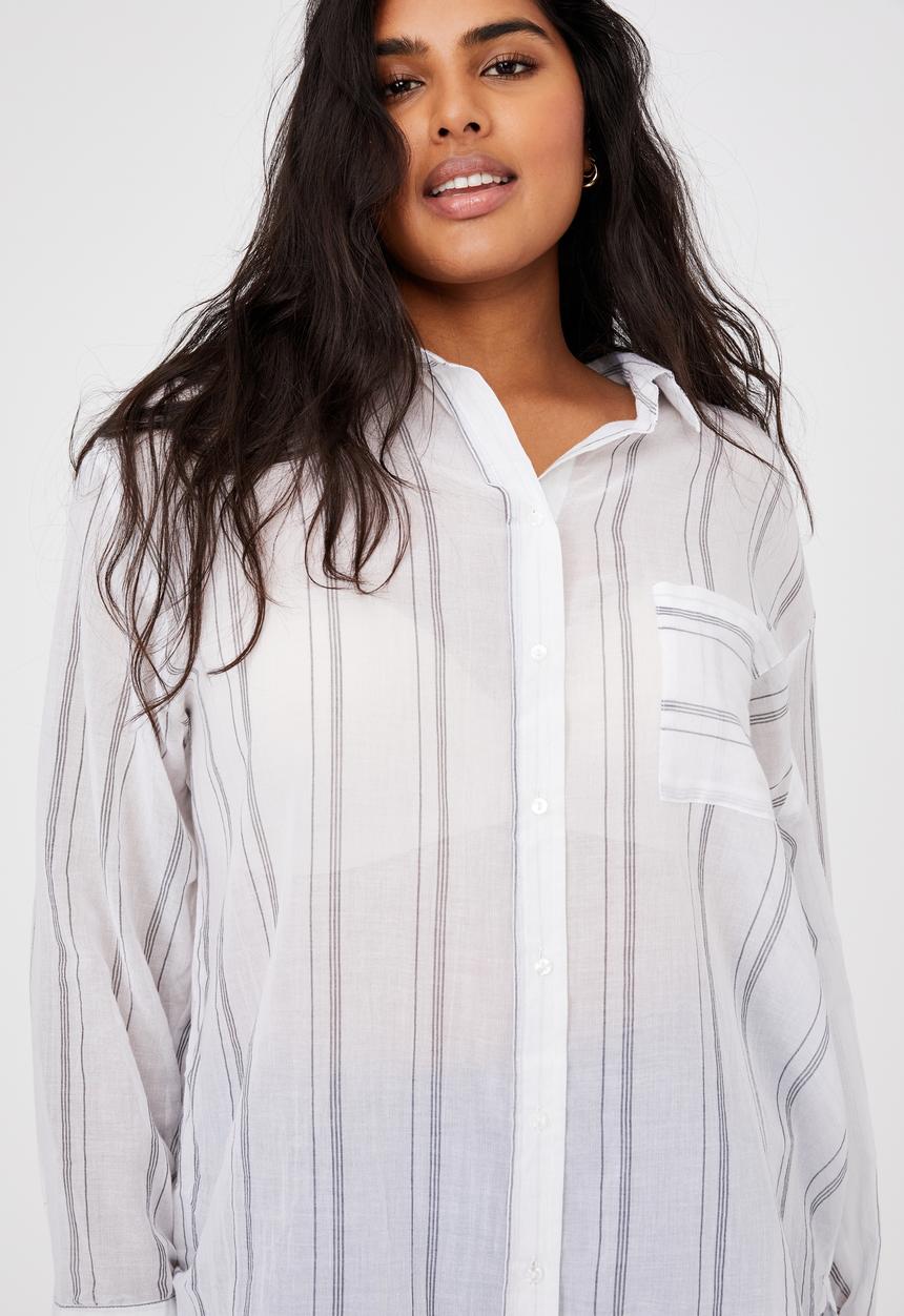 Cotton On - Curve savannah oversize resort shirt - monica stripe white