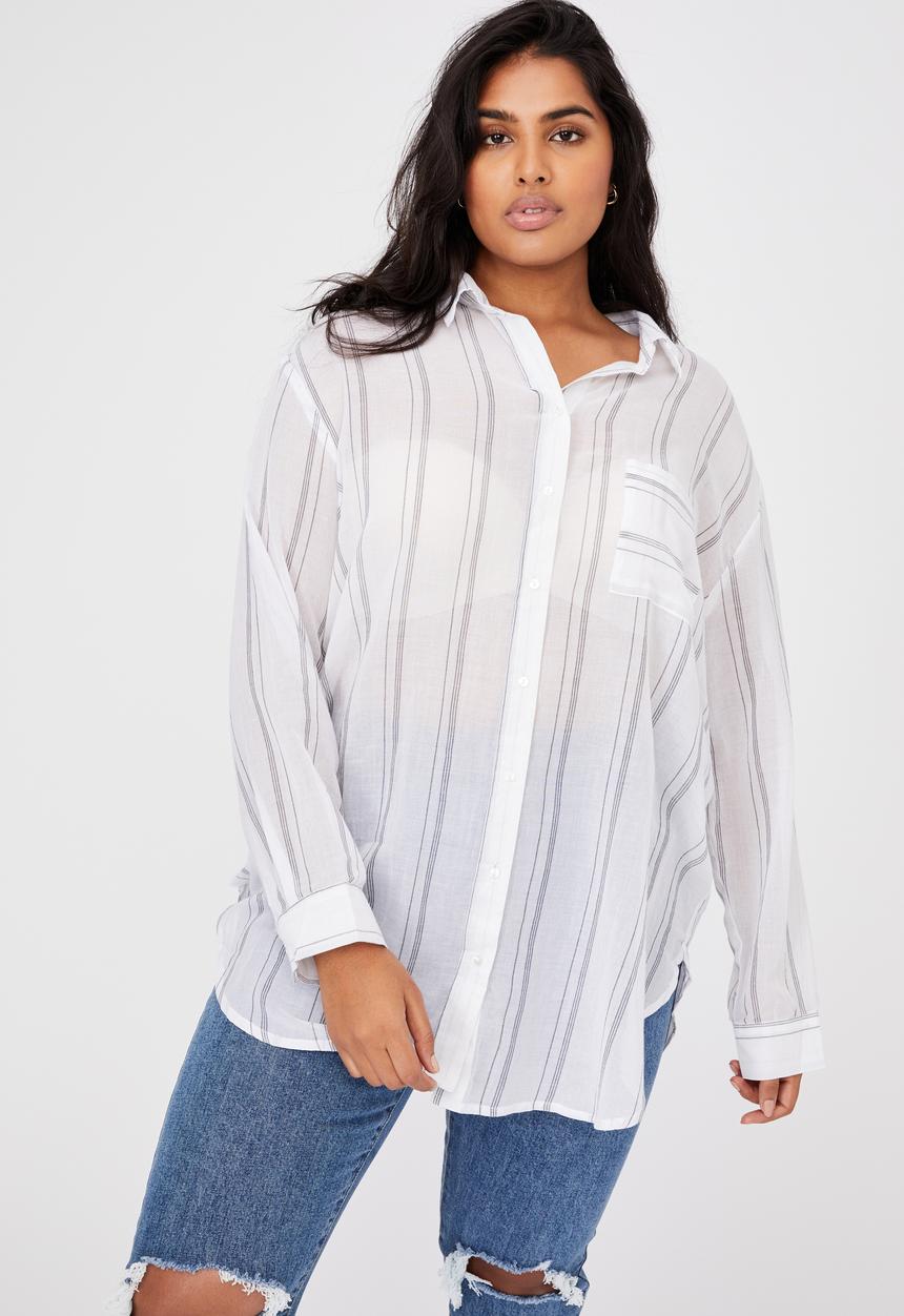 Cotton On - Curve savannah oversize resort shirt - monica stripe white