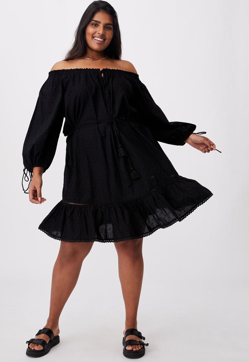 Cotton On - Curve woven cherry smock dress - black