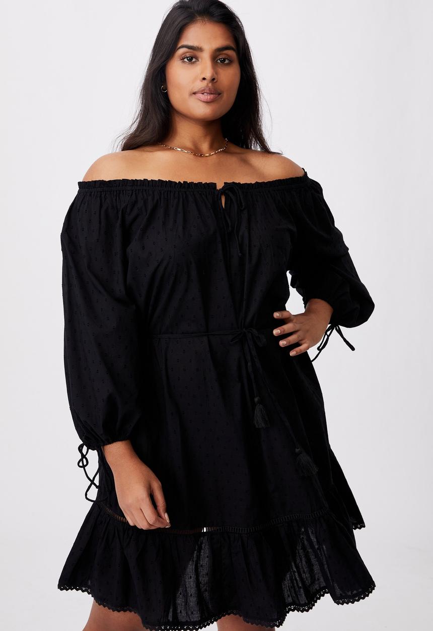 Cotton On - Curve woven cherry smock dress - black