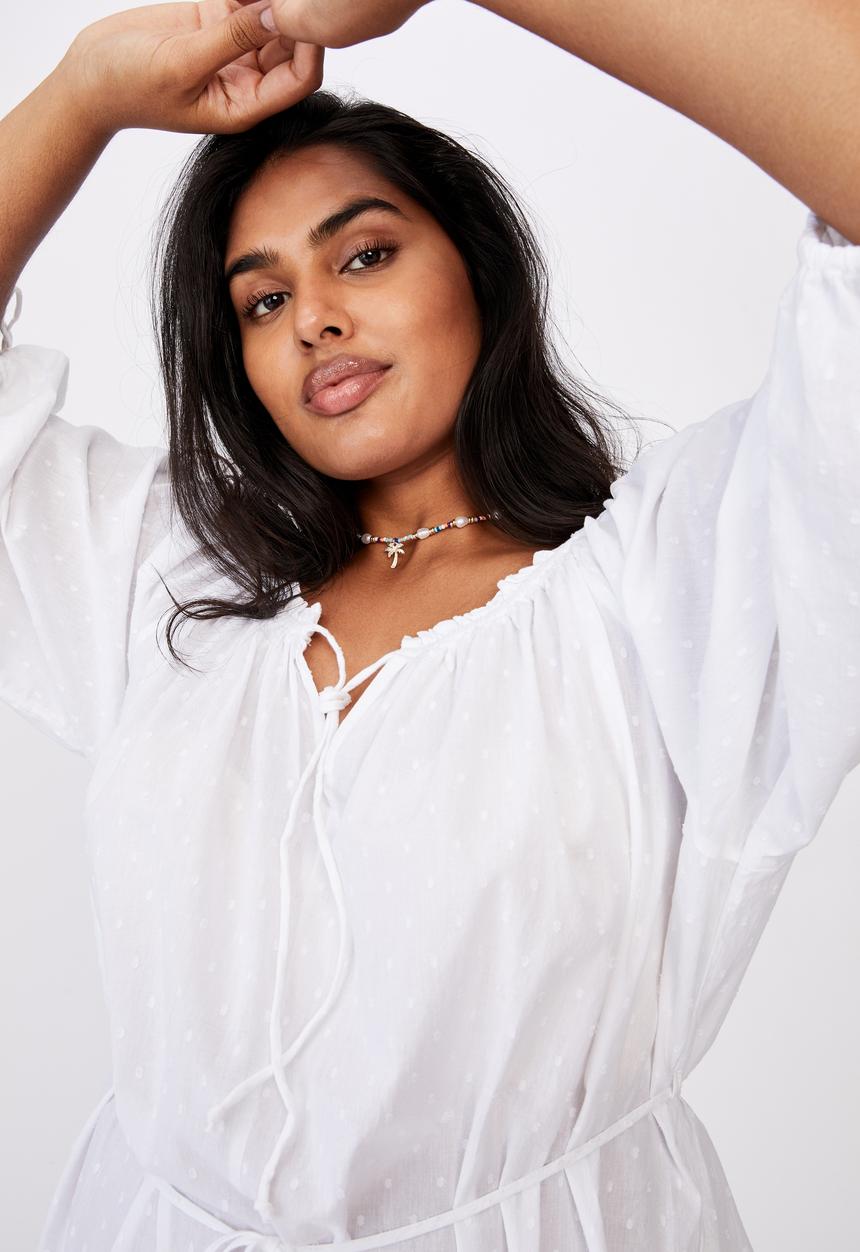 Cotton On - Curve woven cherry smock dress - white