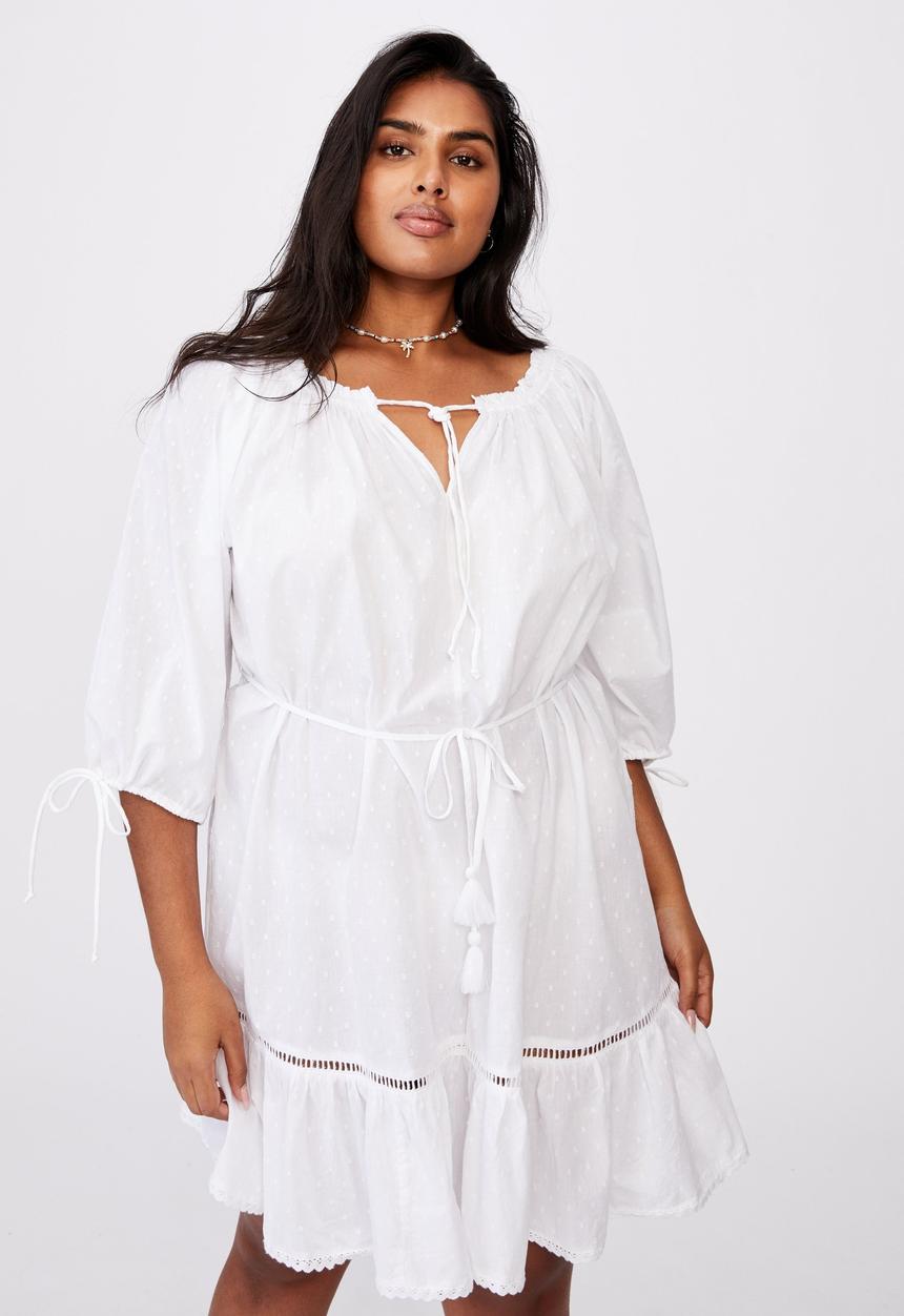 Cotton On - Curve woven cherry smock dress - white