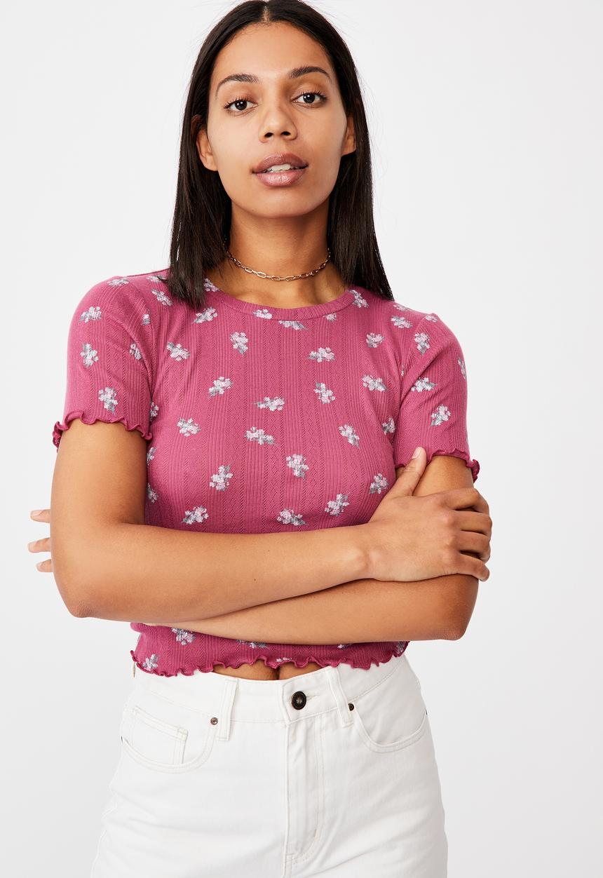 Cotton On - Little sister pointelle tee - arabella floral dark grape