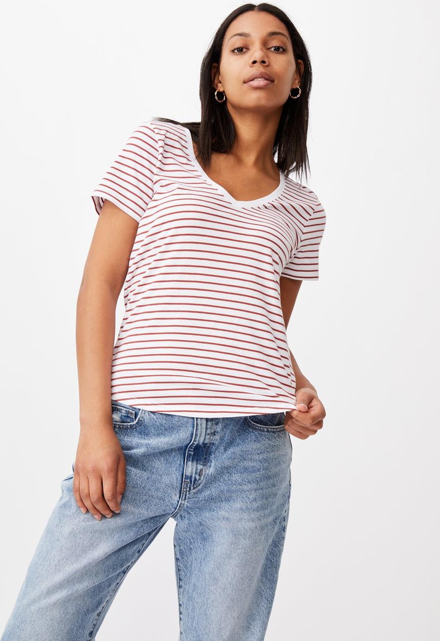 Cotton On - The one fitted v tee - eddy stripe white/ red terracotta