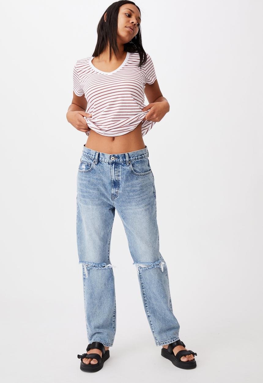 Cotton On - The one fitted v tee - eddy stripe white/ red terracotta