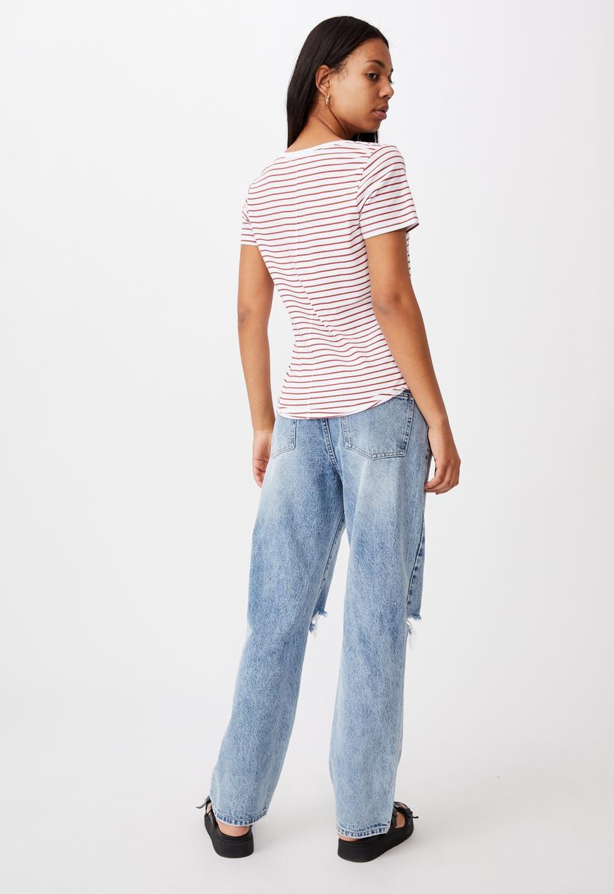 Cotton On - The one fitted v tee - eddy stripe white/ red terracotta