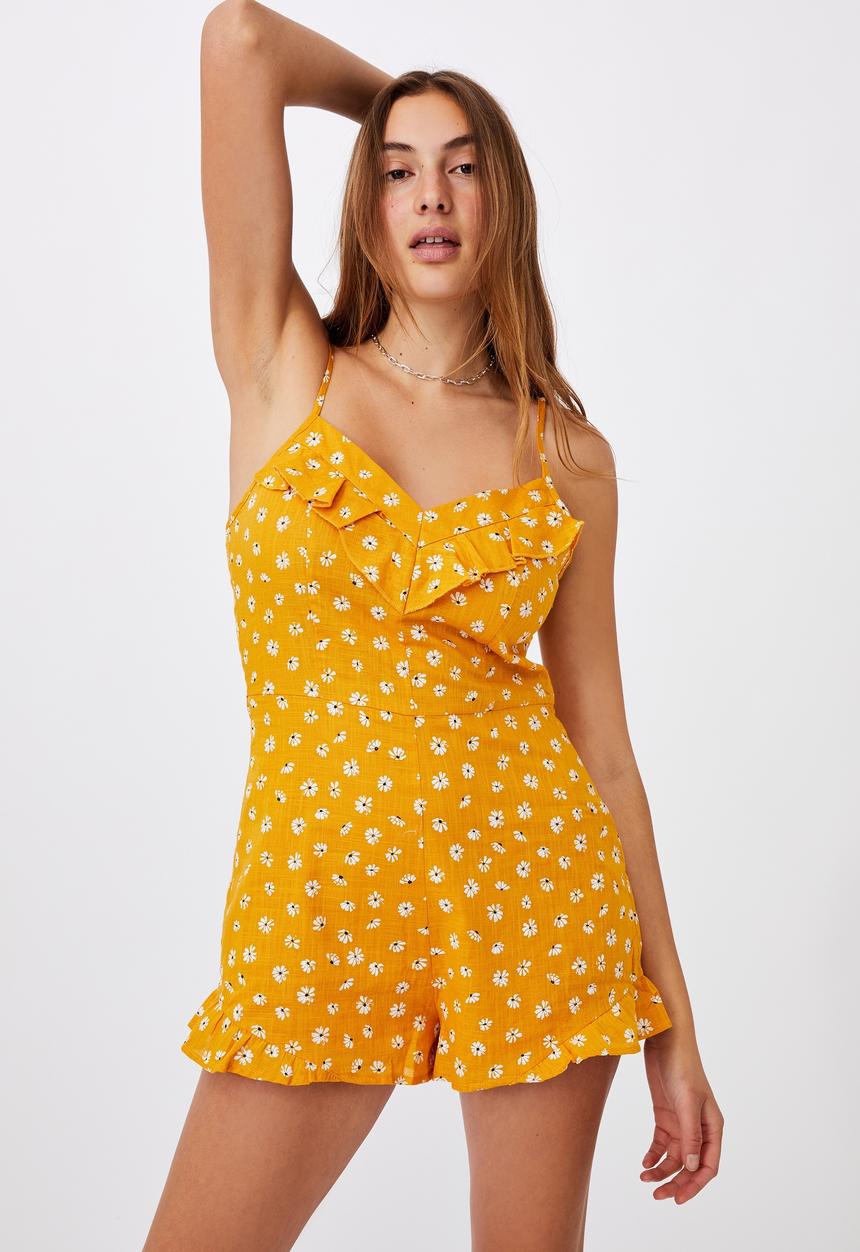 Cotton On - Woven roni ruffle front playsuit - sophia daisy mango