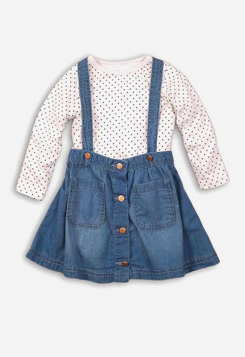 MINOTI - Denim skirt & long sleeve top set - white & blue