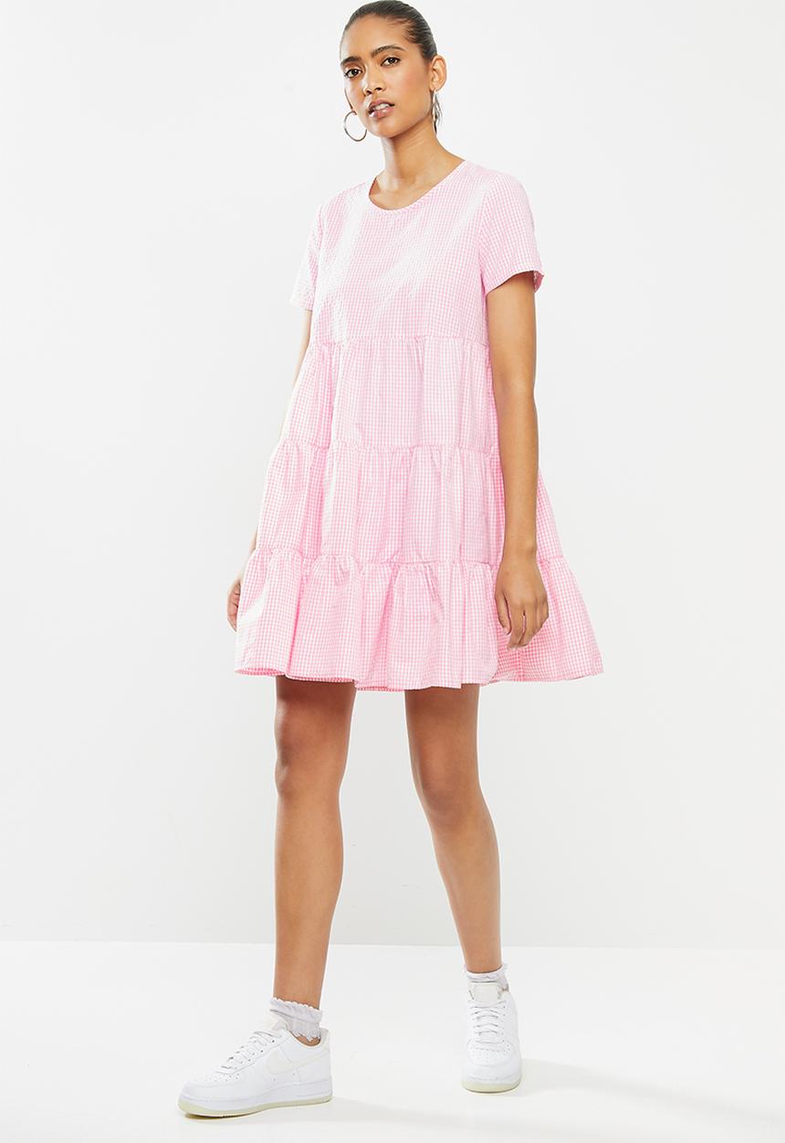Blake - Seersucker tiered mini dress- pink & white