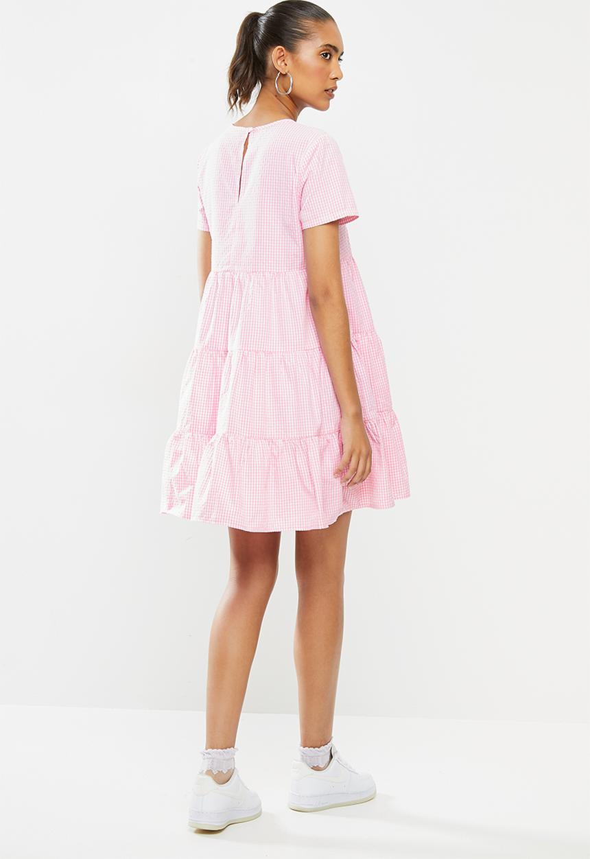 Blake - Seersucker tiered mini dress- pink & white