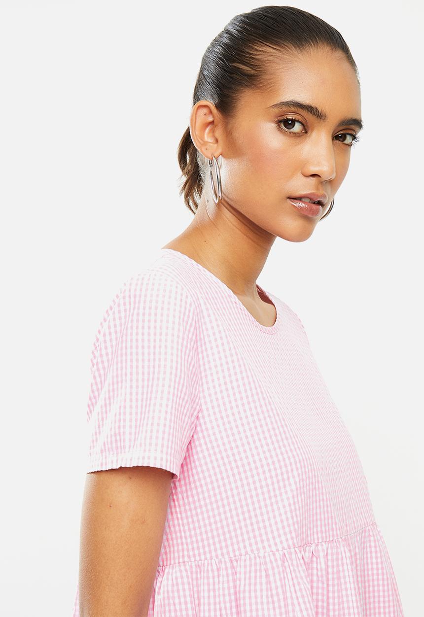 Blake - Seersucker tiered mini dress- pink & white