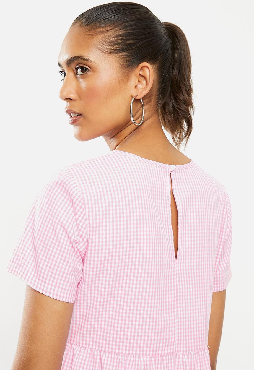 Blake - Seersucker tiered mini dress- pink & white